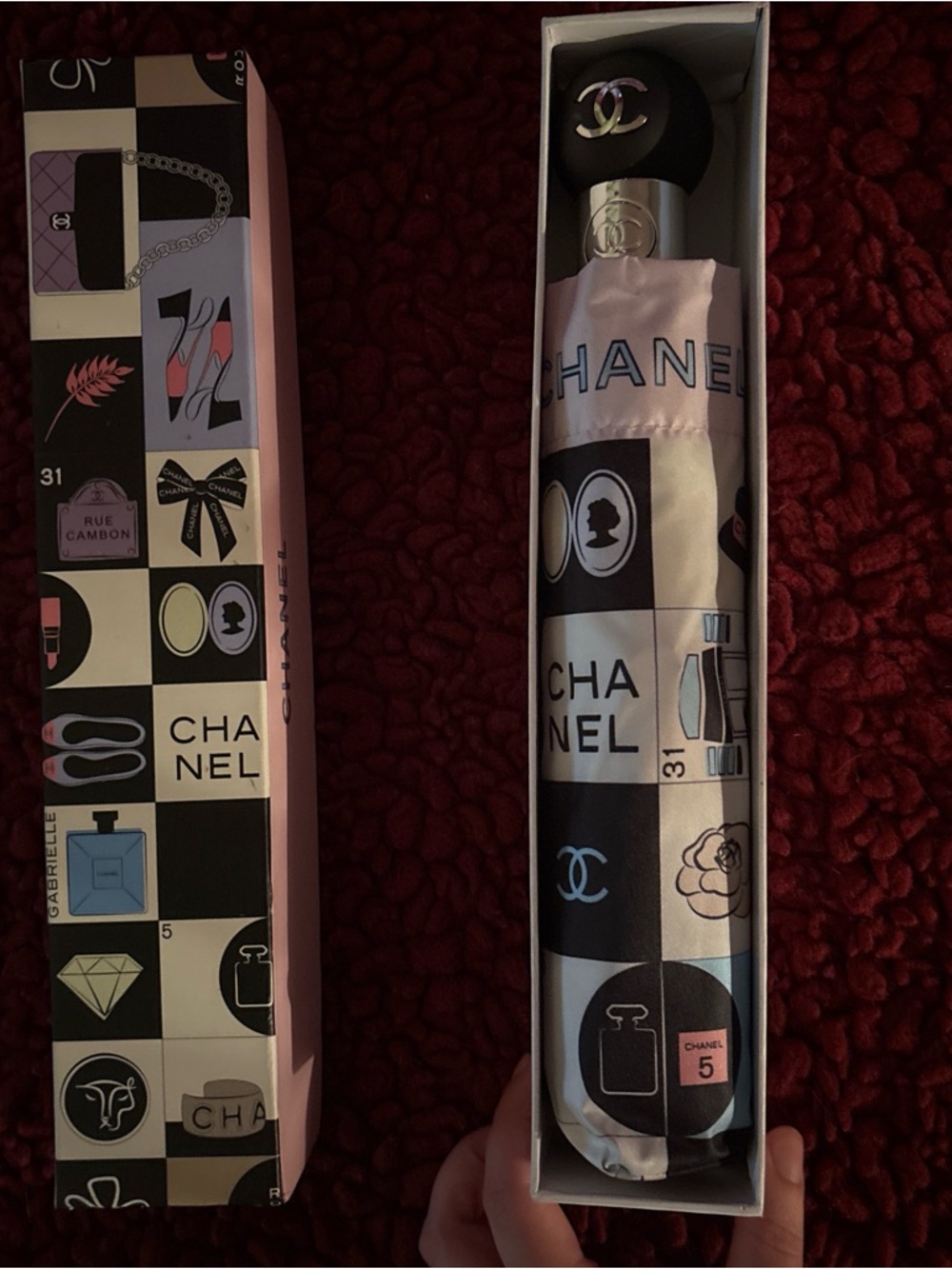 CHANEL Pink and Black Graphic Panel Compact Umbrella